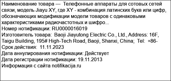 Телефонные аппараты для сотовых сетей связи, модель Jiayu XY, где XY - комбинация латинских букв или цифр, обозначающих модификации модели товаров с одинаковыми характеристиками радиочастотных и шифро...