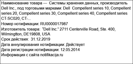 Системы хранения данных, производитель Dell Inc., под торговыми марками: Dell  Compellent series 10, Compellent series 20, Compellent series 30, Compellent series 40, Compellent series CT-SC020, CT-...
