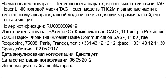 Телефонный аппарат для сотовых сетей связи TAG Heuer LINK торговой марки TAG Heuer, модель TH02M и запасные части к телефонному аппарату данной модели, не выходящие за рамки частей, его составляющих