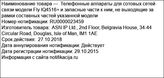 Телефонные аппараты для сотовых сетей связи модели Fly IQ4516+ и запасные части к ним, не выходящие за рамки составных частей указанной модели