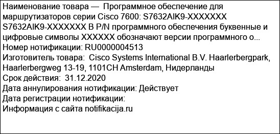 Программное обеспечение для маршрутизаторов серии Cisco 7600: S7632AIK9-XXXXXXX S7632AIK9-XXXXXXX В P/N программного обеспечения буквенные и цифровые символы XXXXXX обозначают версии программного о...