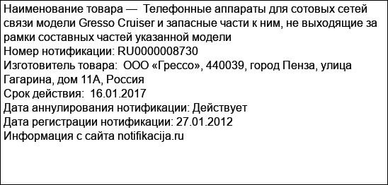 Телефонные аппараты для сотовых сетей связи модели Gresso Cruiser и запасные части к ним, не выходящие за рамки составных частей указанной модели
