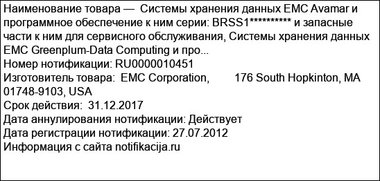 Системы хранения данных EMC Avamar и программное обеспечение к ним серии: BRSS1********** и запасные части к ним для сервисного обслуживания, Системы хранения данных EMC Greenplum-Data Computing и про...