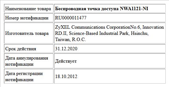 Беспроводная точка доступа NWA1121-NI