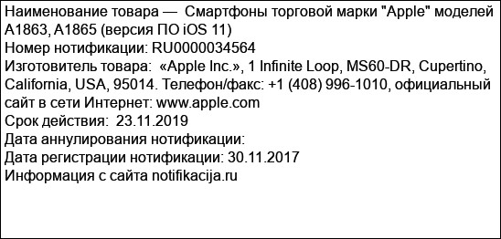 Смартфоны торговой марки Apple моделей A1863, A1865 (версия ПО iOS 11)